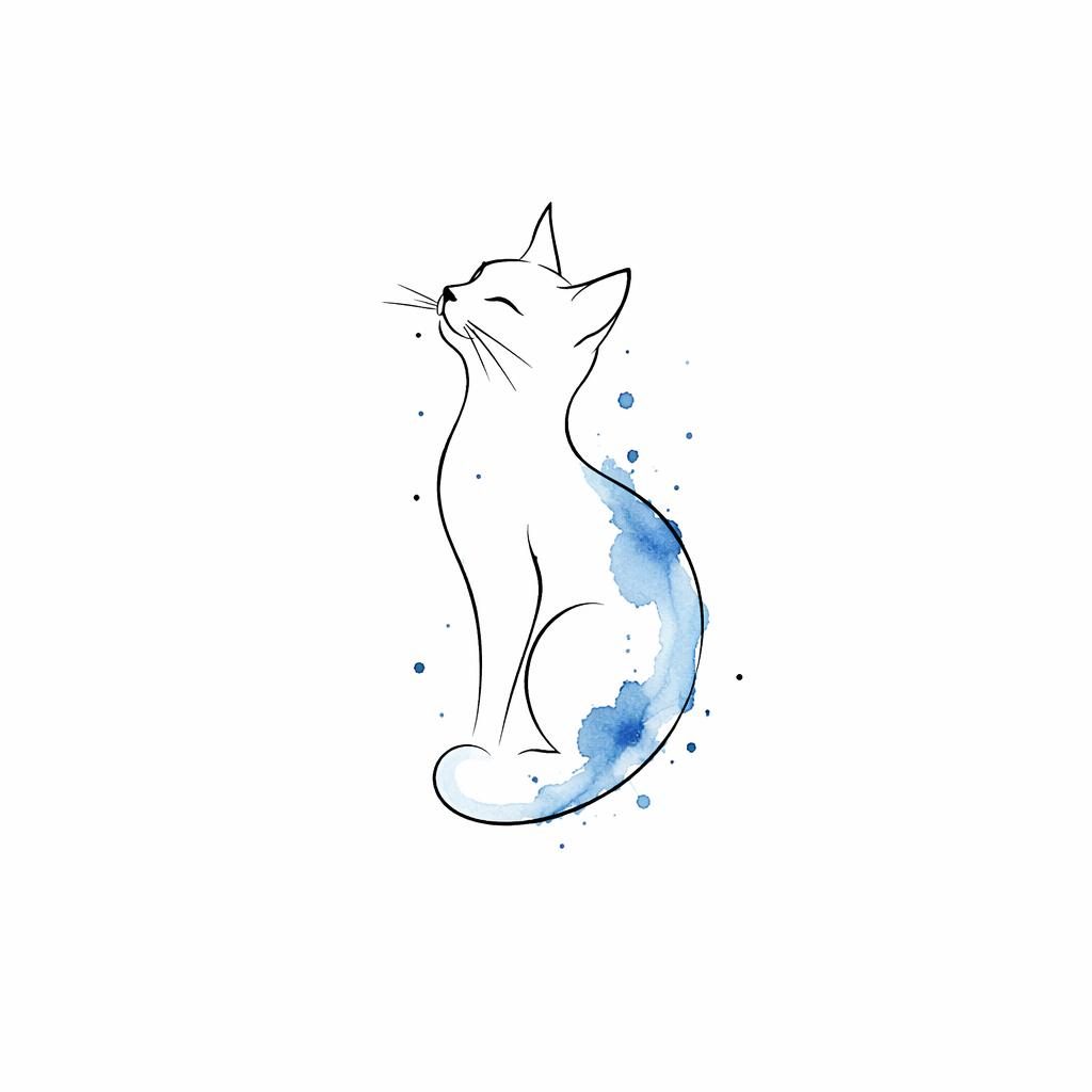 Minimalistische Fineline-Katzenkontur auf weißem Papier mit Aquarellspritzern, cleanes Tattoo-Flashsheet.