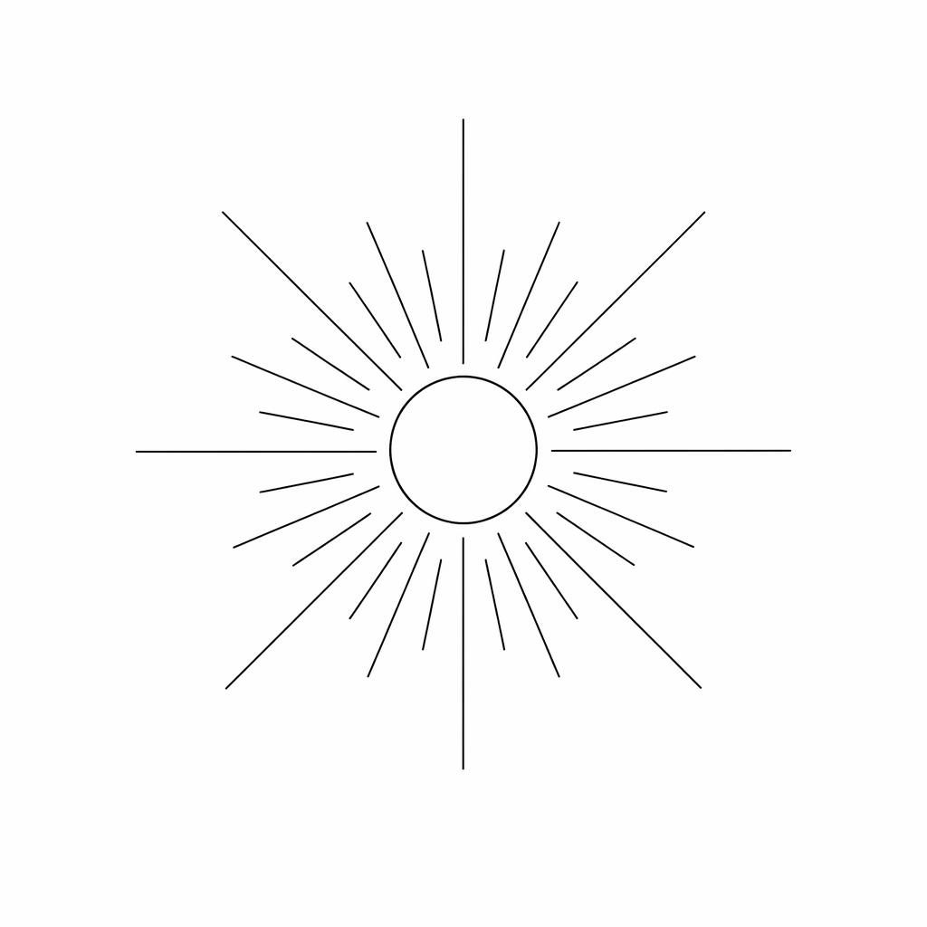 Minimalistische Fineline-Sonnenstrahlen als Tattoo-Entwurf auf weißem Papier, klare schwarze Linien, Flash-Sheet-Stil.