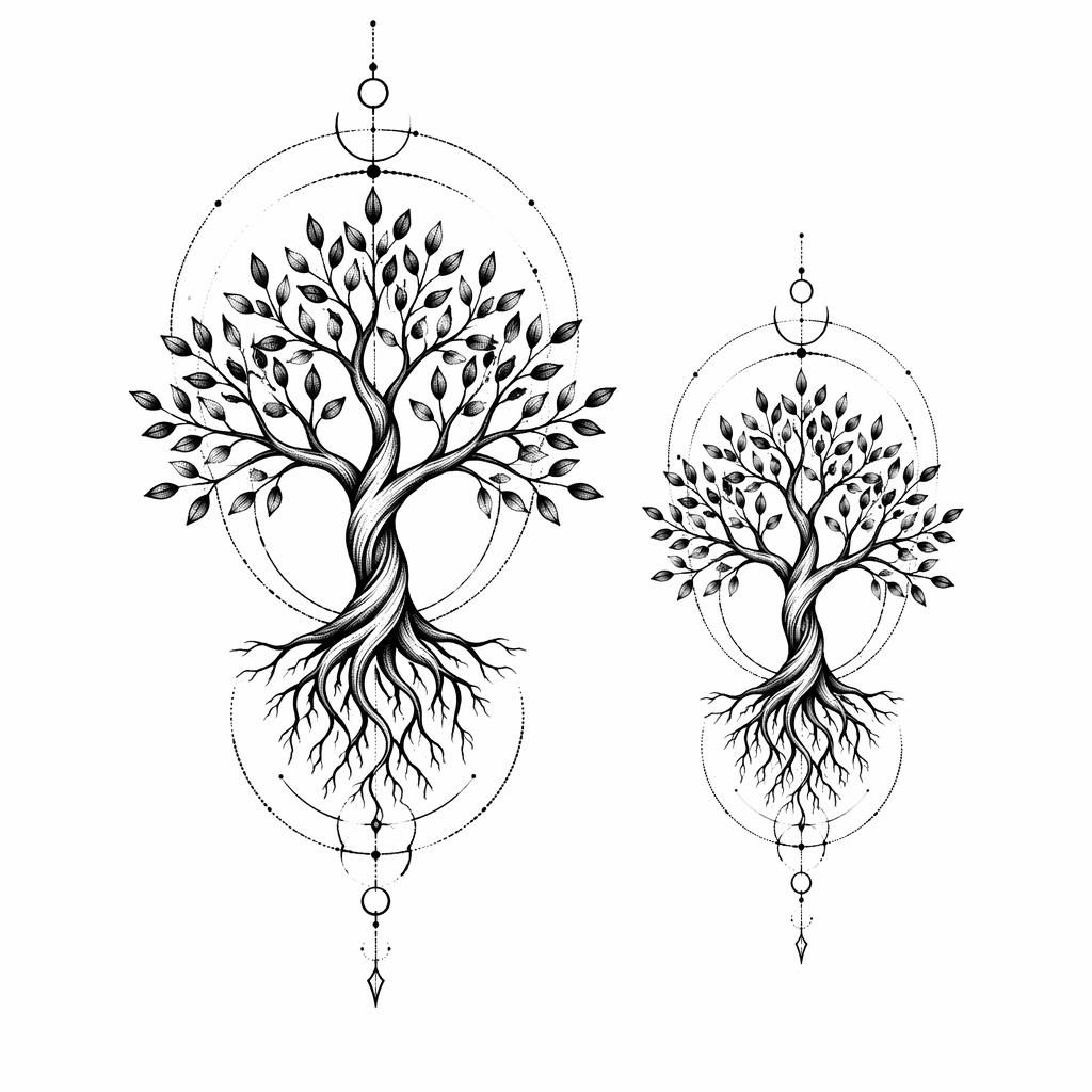 Blackwork dotwork tree tattoo design on white paper, geometric flash-sheet illustration with sharp lines on plain white background.