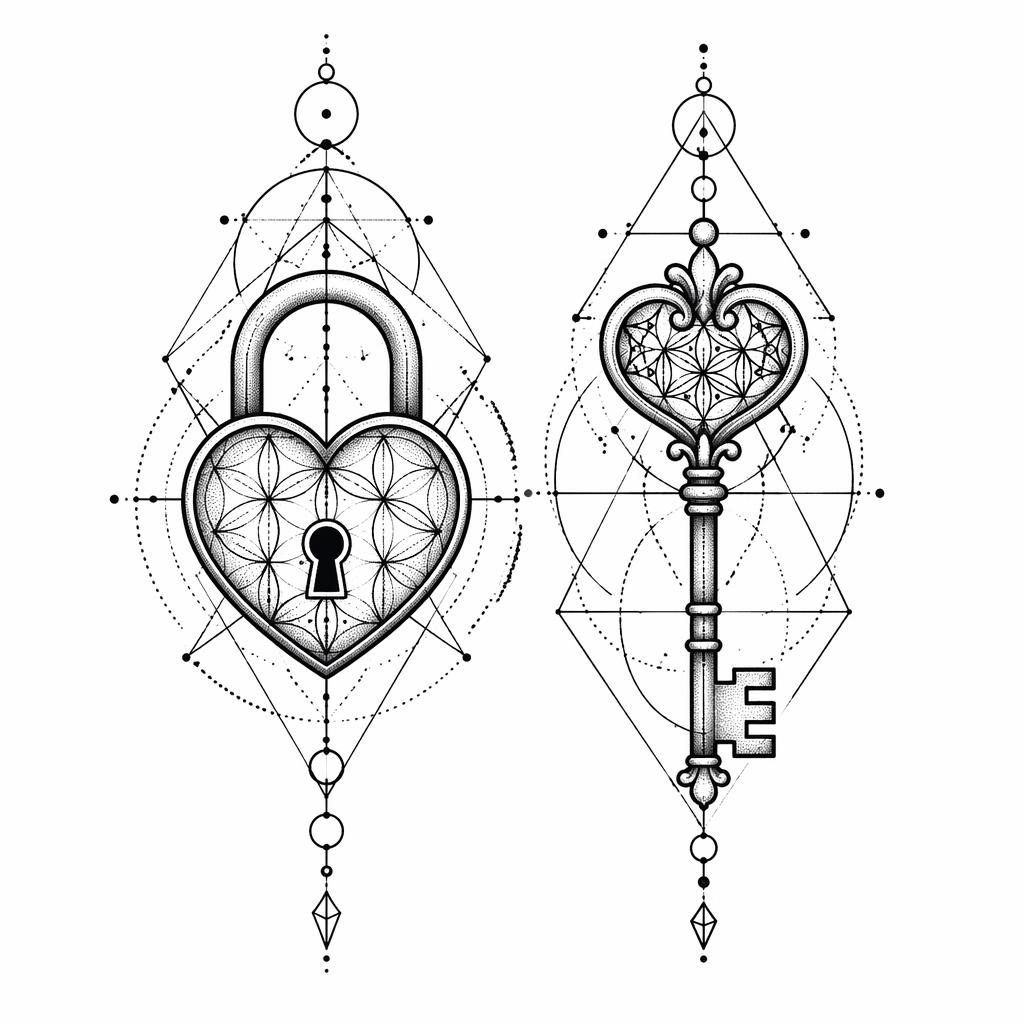 Geometrisches Dotwork-Tattoo-Design auf weißem Papier mit Schloss und Schlüssel als Best-Friend-Motiv