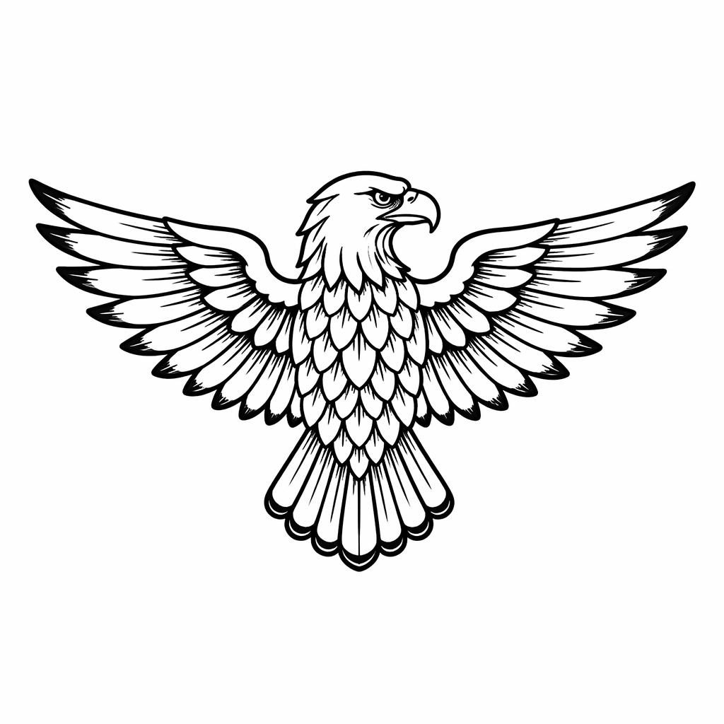 Diseño de tatuaje de espalda de águila tradicional en papel blanco, estilo boceto lineal, pequeño y de alto contraste.