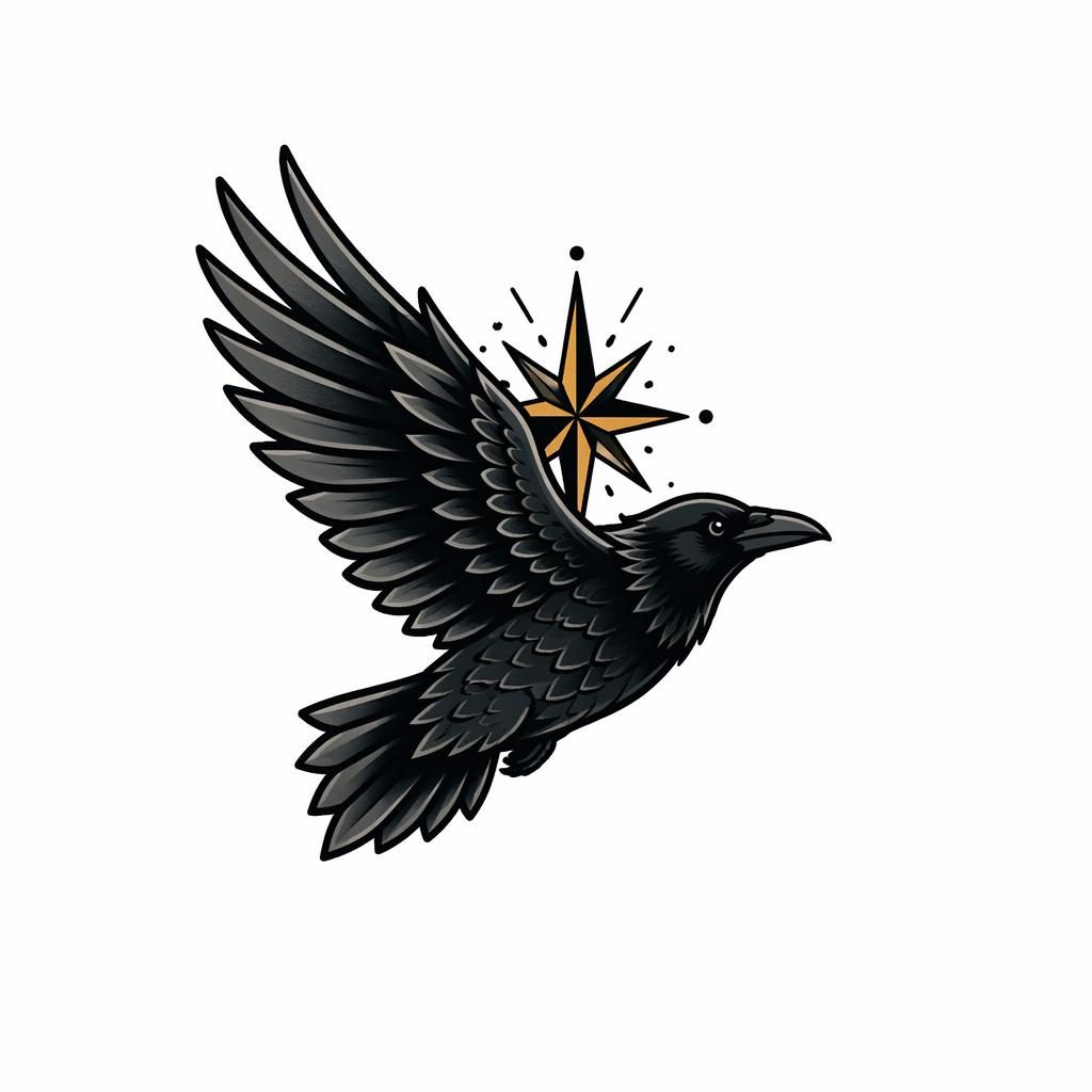 Kleines Tattoo-Design auf weißem Papier: neo-traditioneller Stern für den Knöchel, klare Linien, hoher Kontrast.