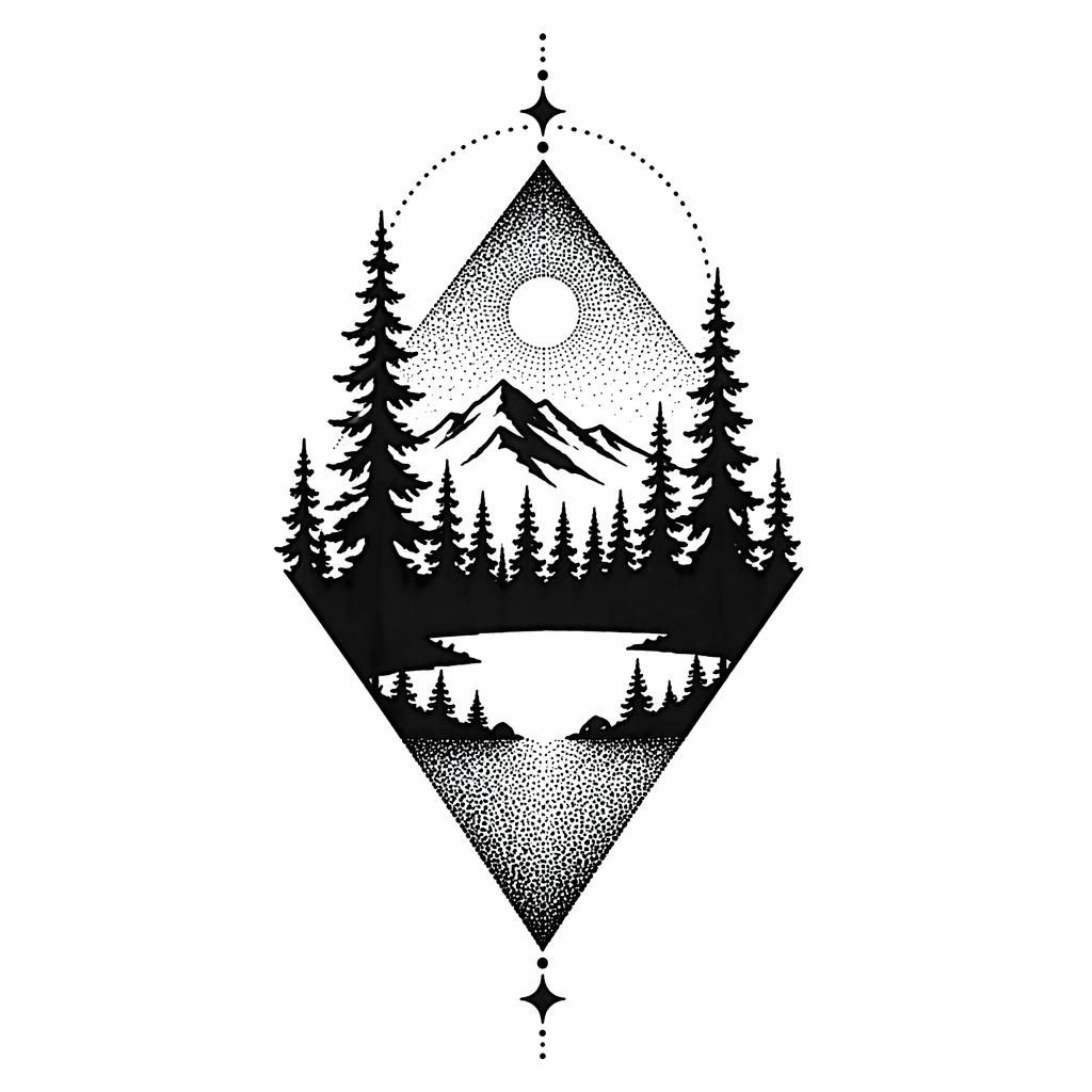 Blackwork forest silhouette tattoo design on white paper, geometric dotwork flash style with sharp high-contrast lines.