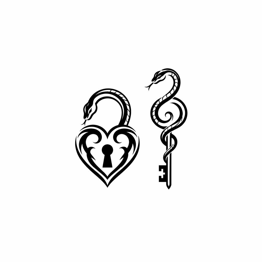 Concept de tatouage sur papier blanc : petit cadenas et clé style tribal, lignes nettes, contraste fort, flash-sheet.