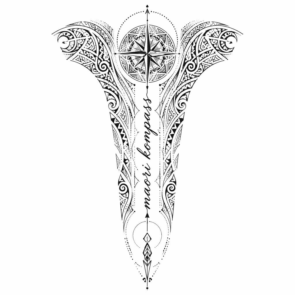 Tattoo-Design auf weißem Papier mit Spine-Lettering in Schreibschrift, geometrischen Dotwork-Elementen und Maori Kompass