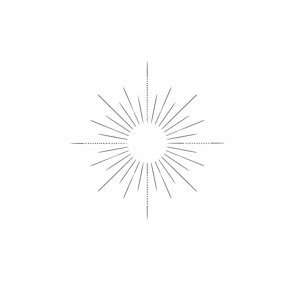 Minimalistische Fineline-Sonnenstrahlen als Tattoo-Design auf weißem Papier, klare schwarze Linien, Flash-Sheet-Stil
