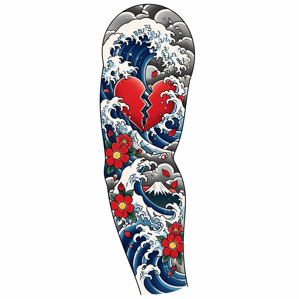 Tattoo flash concept on white paper showing a Japanese wave full sleeve in traditional American style with bold lines.