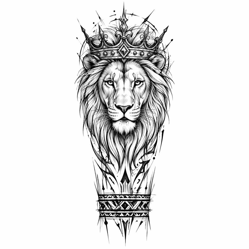 Diseño de tatuaje en papel blanco de un león con corona para antebrazo, en estilo sketch de líneas negras y alto contraste.