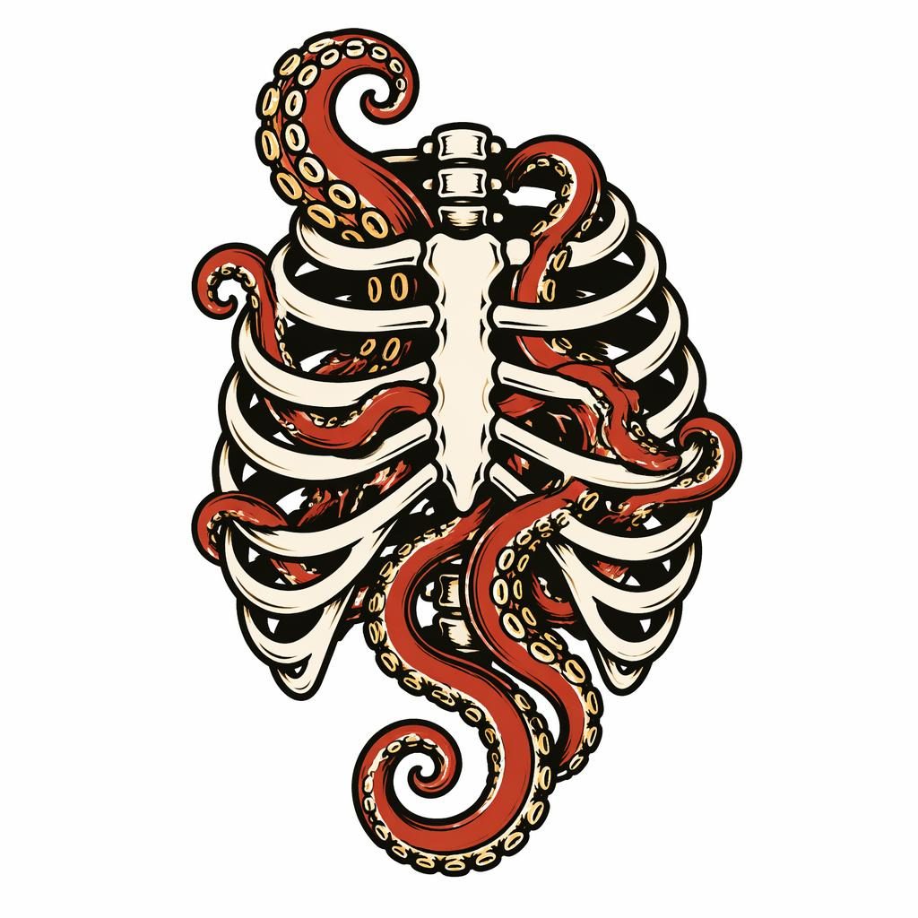 Tattoo-Design auf weißem Papier mit Oktopus-Tentakeln als Rippen, im Traditional-American-Stil, klare Linien