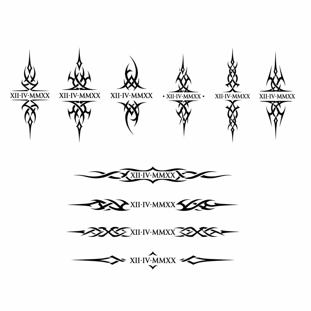 Tribal Tattoo-Design mit römischen Zahlen auf weißem Papier, klare schwarze Linien, Flash-Sheet-Stil