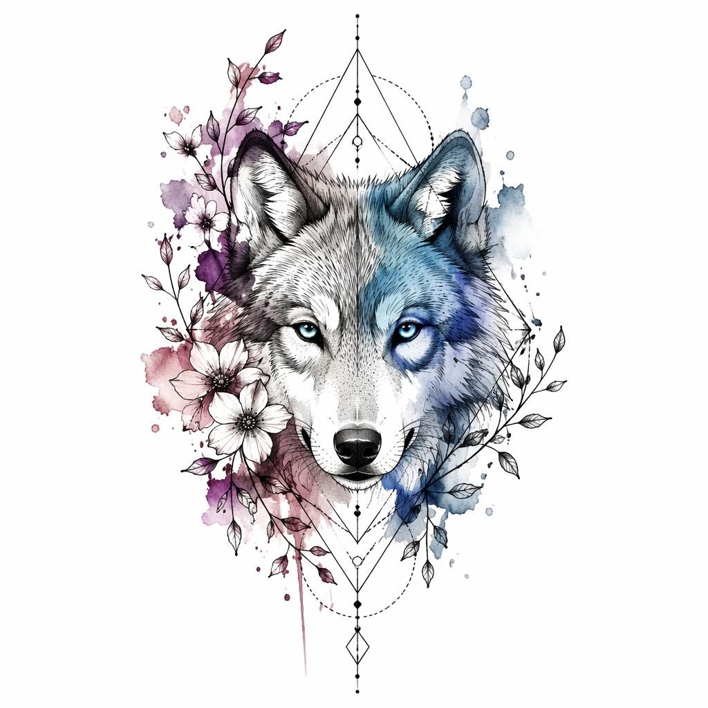 Aquarell-Wolfsgesicht als Tattoo-Design auf weißem Papier, geometrisch und in Dotwork mit klaren Linien