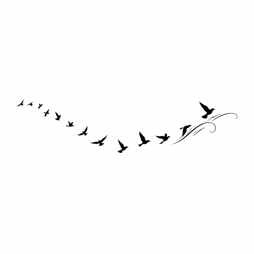 Tiny bird flock tattoo design on white paper, clean flash-sheet line art with sharp black outlines and no shading.