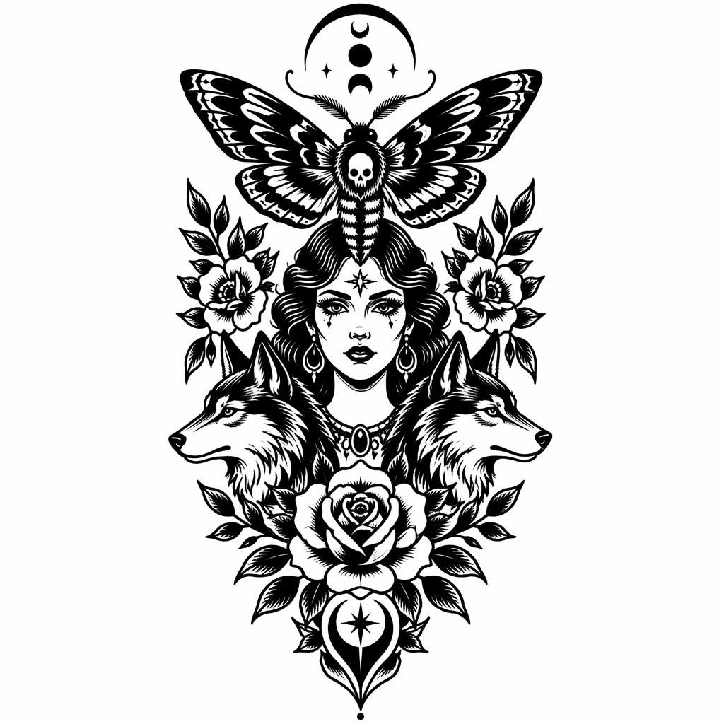 Diseño de tatuaje de polilla blackwork en papel blanco, estilo tradicional americano, líneas negras nítidas y alto contraste.