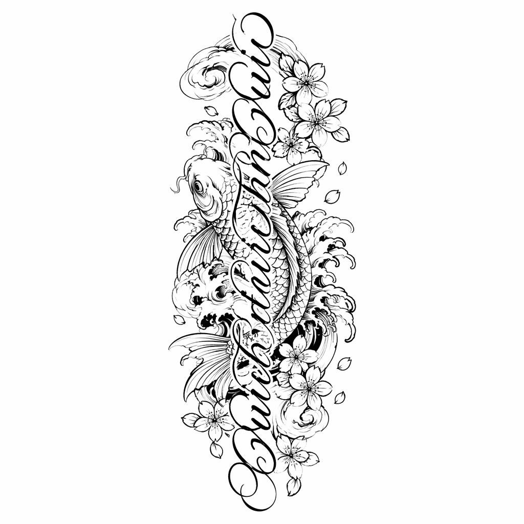 Tattoo-Design auf weißem Papier mit geschwungener Lettering-Komposition im japanischen Irezumi-Stil, klare Linien