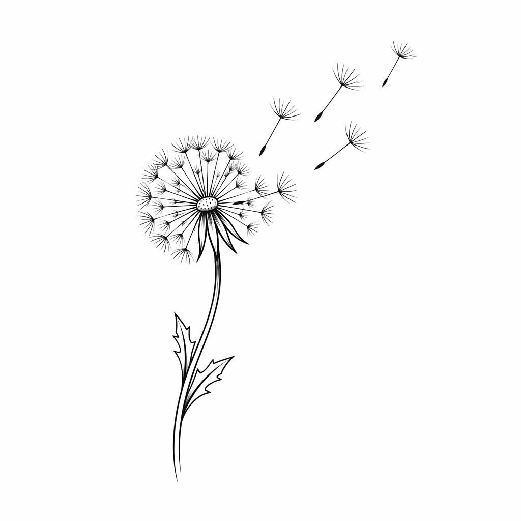Minimalistische Fineline-Pusteblume als Tattoo-Design auf weißem Papier, klare Linien, Flash-Sheet-Stil.