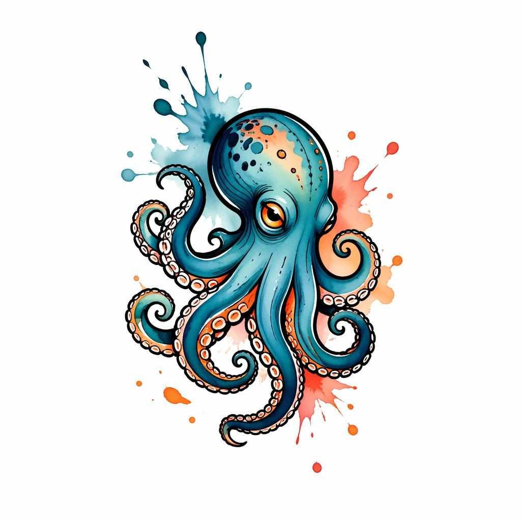 Neo-traditioneller Oktopus als kleines Tattoo-Design auf weißem Papier mit Aquarellspritzern, klaren Linien und hohem Kontrast.