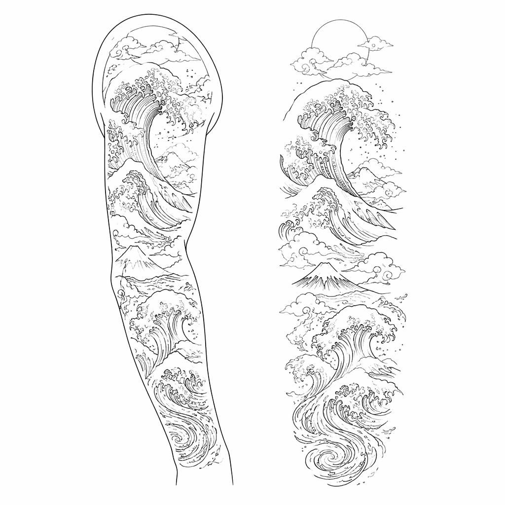 Diseño de tatuaje minimalista de ola japonesa en fineline sobre papel blanco, líneas negras nítidas, estilo flash