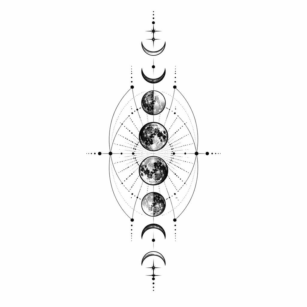 Blackwork tattoo flash of dotwork moon phases on white paper, clean bold lines, high contrast forearm-style layout.