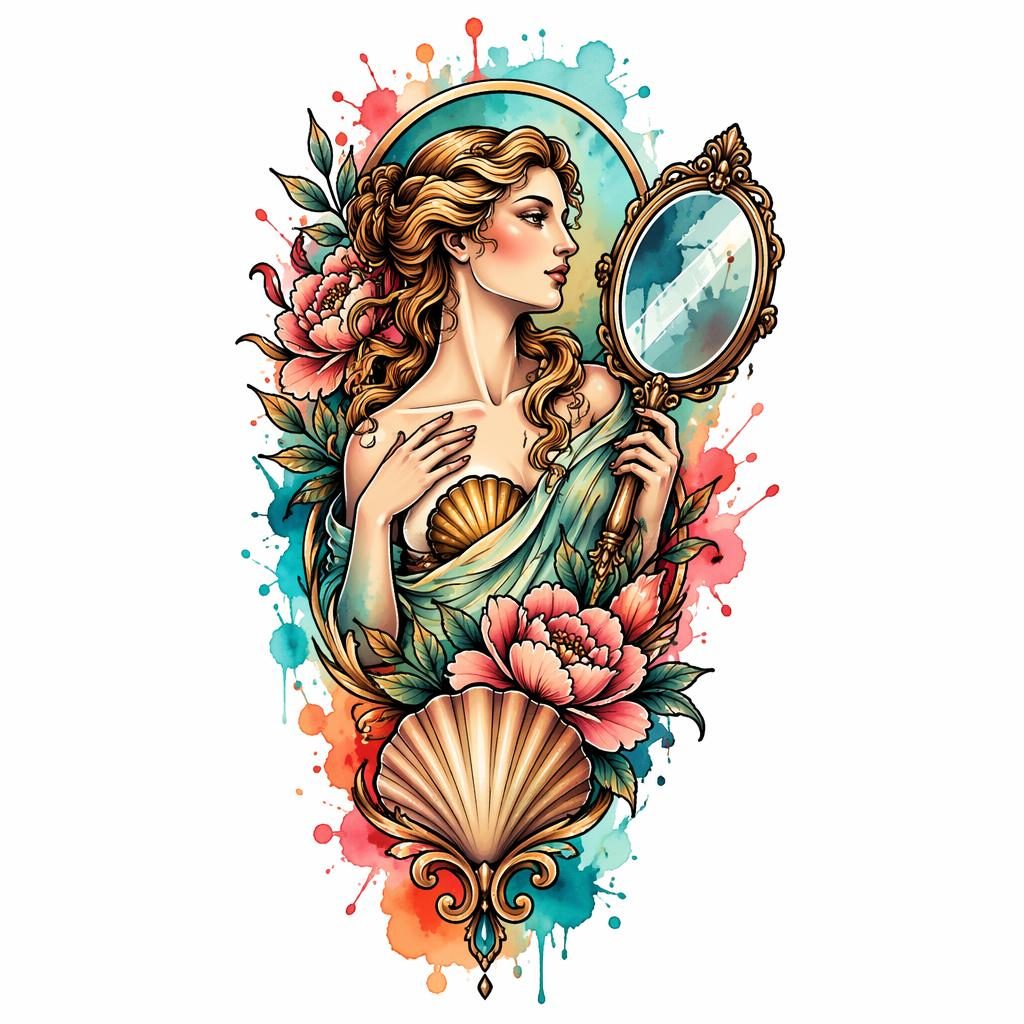 Neo-Traditional-Venusspiegel als farbiges Tattoo-Design auf weißem Papier, mit Aquarellspritzern und klaren Linien.