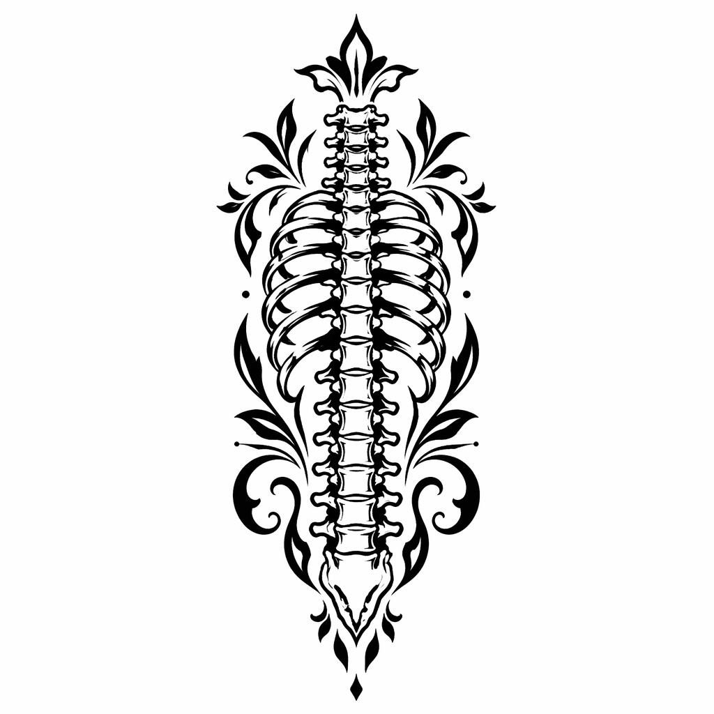 Schwarzes Blackwork-Tattoo einer ornamentalen Wirbelsäule als Flash-Sheet-Illustration auf weißem Papier