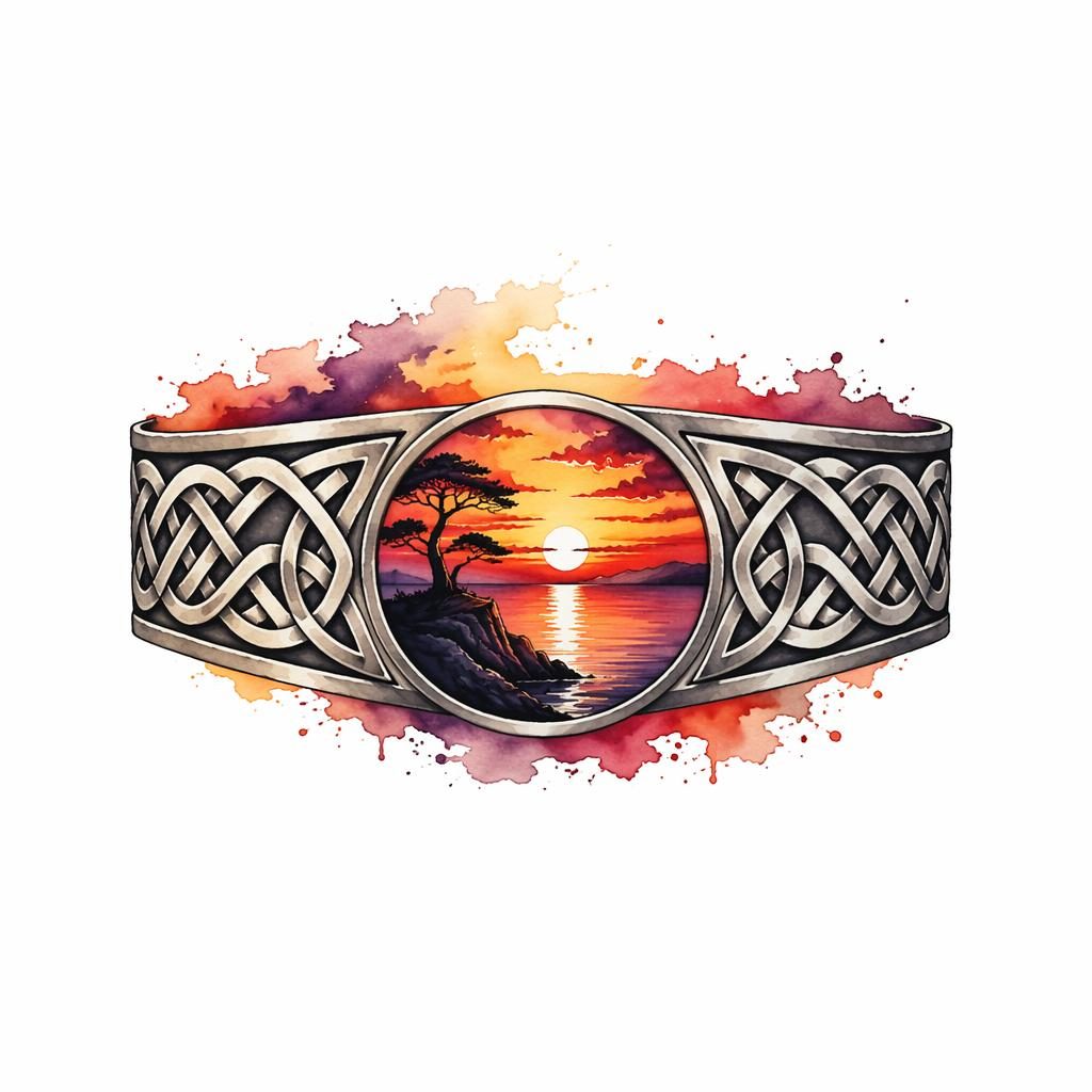 Tattoo-Design auf weißem Papier: keltisches Armband Tattoo in realistischer Flash-Sheet-Optik mit Aquarell-Sunset-Farben