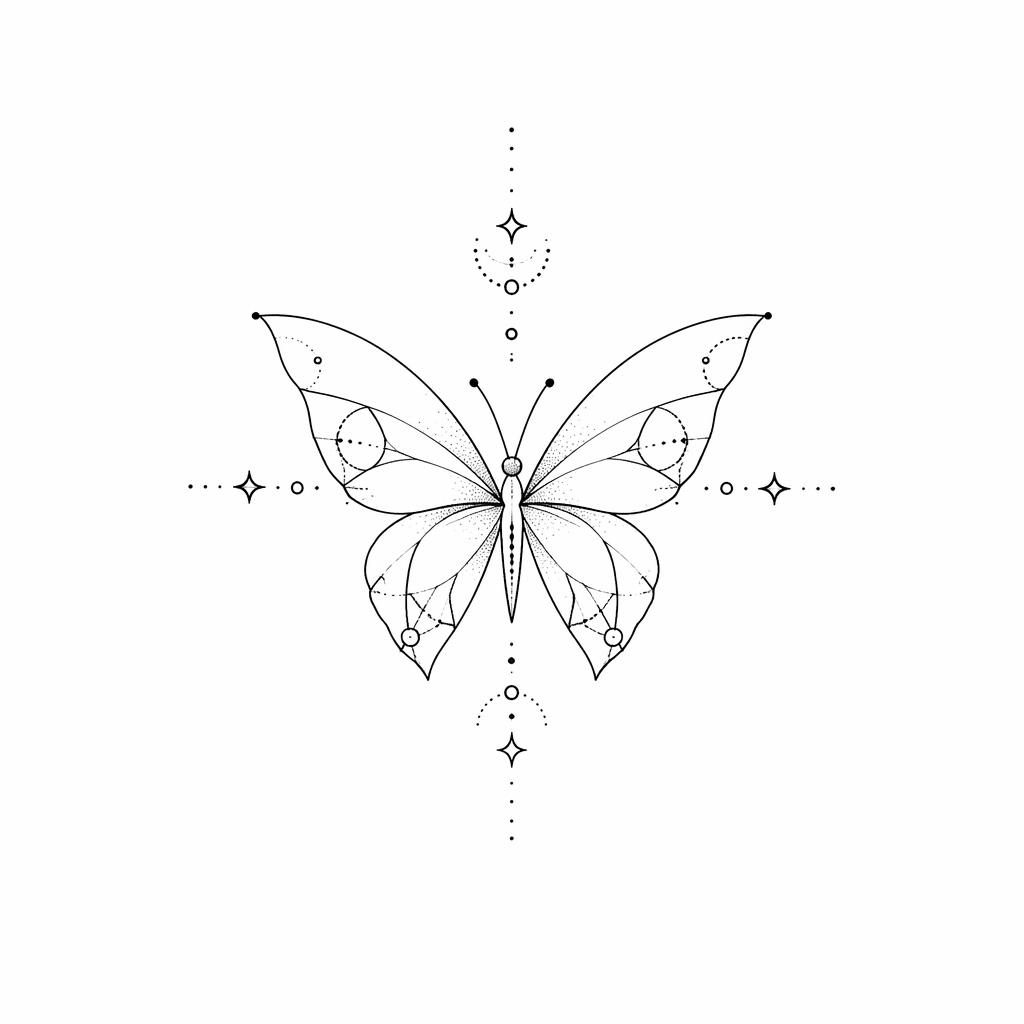 Minimalistisches Fineline-Schmetterling-Tattoo auf weißem Papier, geometrisch mit Dotwork, klare scharfe Linien