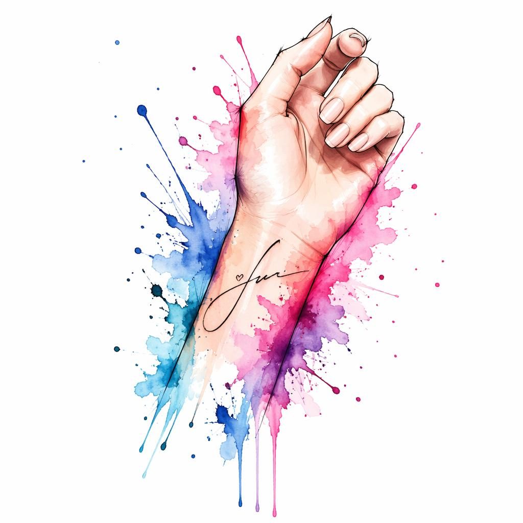 Tattoo-Entwurf auf weißem Papier: Signatur-Schriftzug mit Aquarellspritzern, klare Linien, hoher Kontrast.