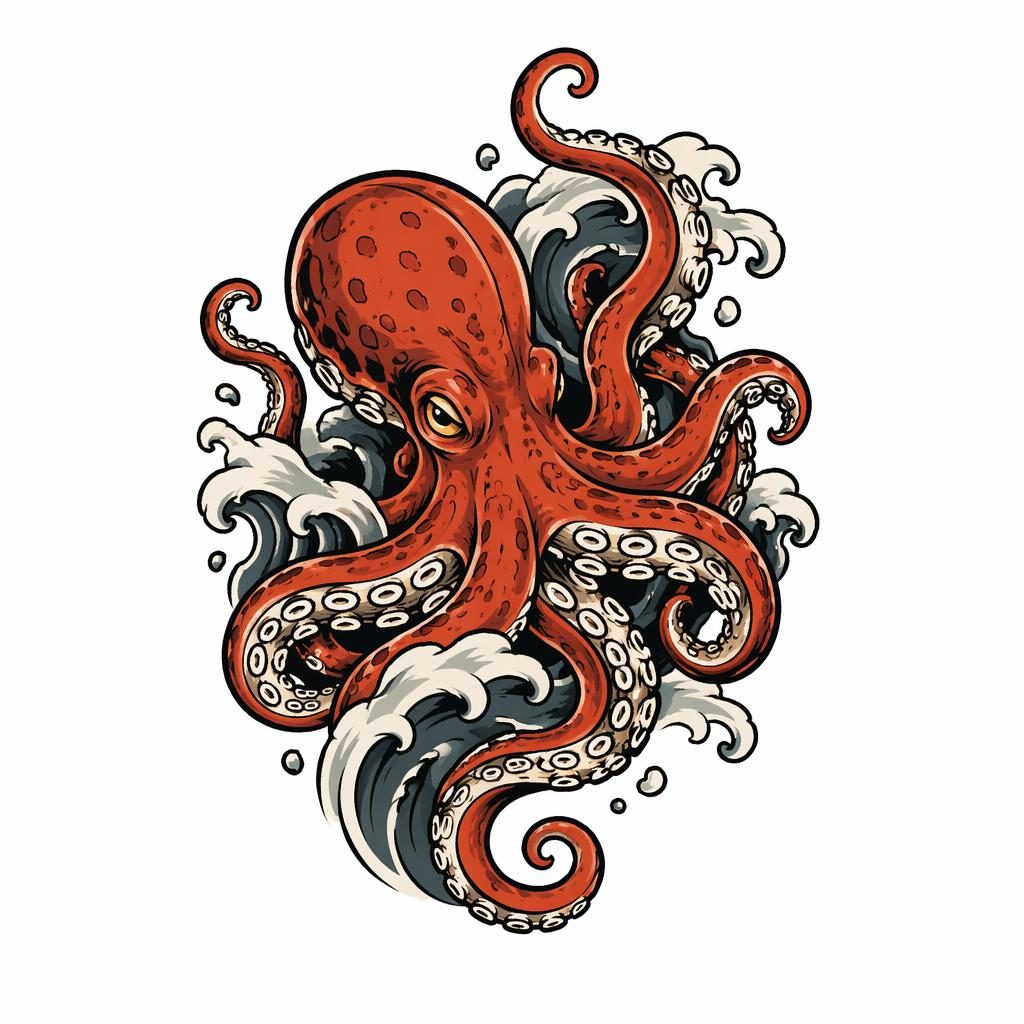 Neo Traditional Oktopus als Irezumi-Tattooentwurf auf weißem Papier, klare Konturen, hoher Kontrast, Flash-Style