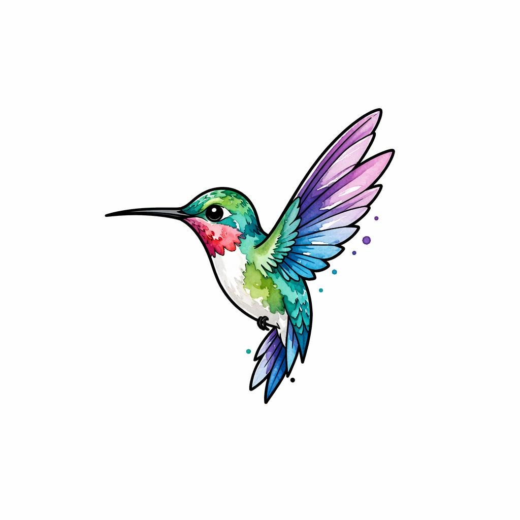 Tiny neo-traditional watercolor hummingbird tattoo design on white paper with sharp lines and high contrast