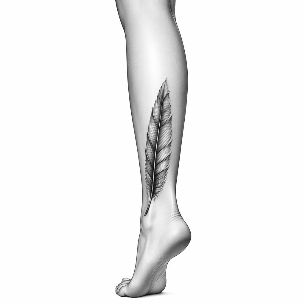 Ilustración de tatuaje en papel blanco con una pluma detrás del tobillo, líneas nítidas y alto contraste.