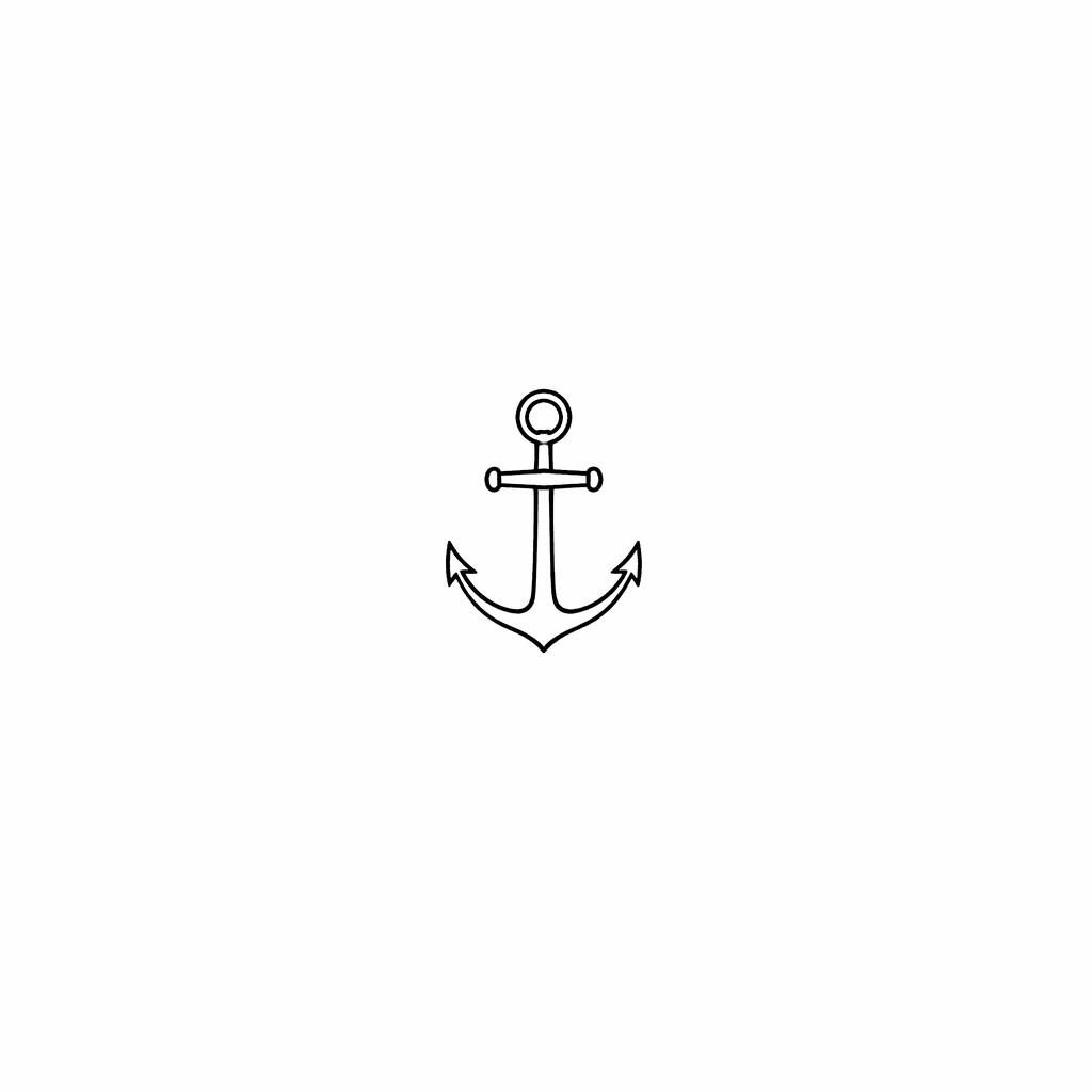 Minimalist fineline anchor tattoo design on white paper, tiny traditional American flash-style illustration with sharp lines