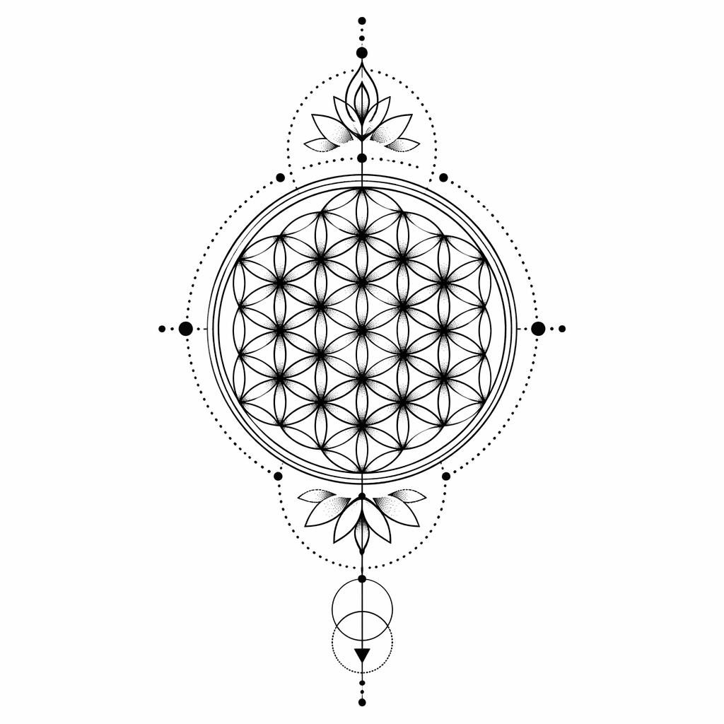 Diseño de tatuaje en papel blanco con flor de la vida en geometría sagrada, líneas nítidas y estilo dotwork