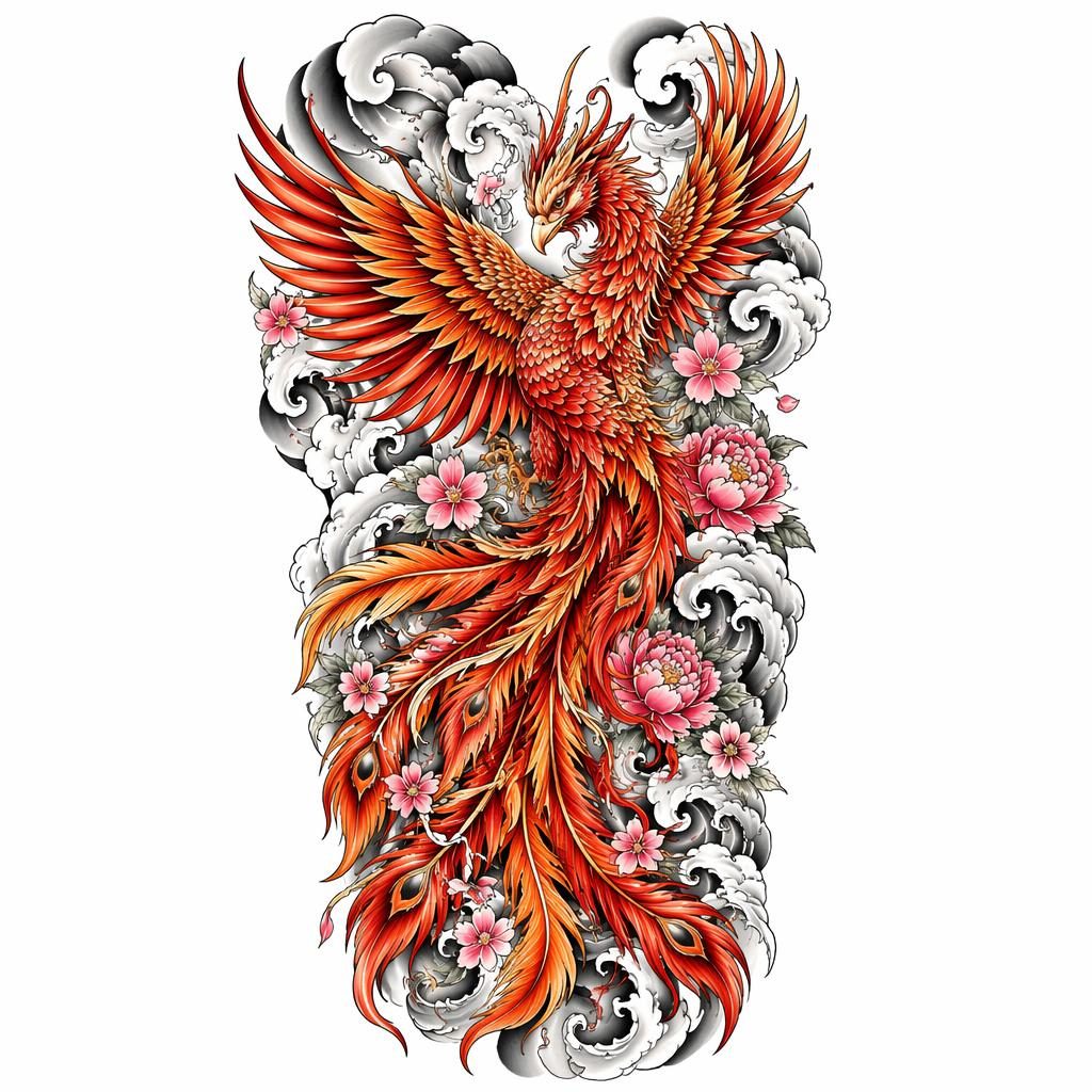 Japanese phoenix back tattoo design on white paper, high-contrast flash-sheet linework for behind ear or sleeve panel