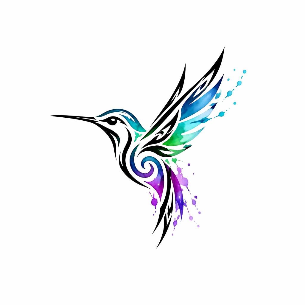 Watercolor hummingbird tribal tattoo design on white paper, small flash-style illustration with sharp black lines.