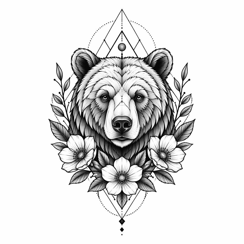 Ilustración de tatuaje en papel blanco de oso floral neotradicional con estilo geométrico y dotwork