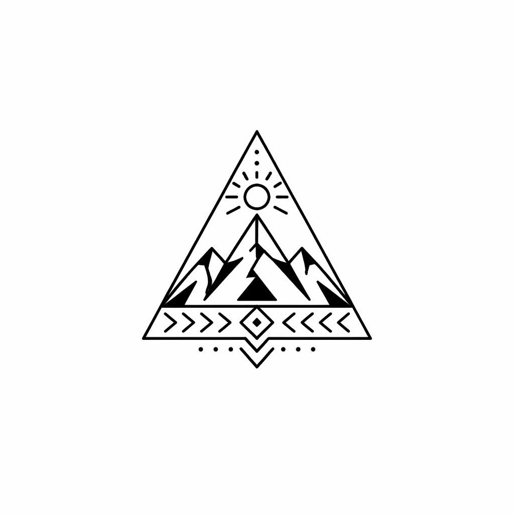 Geometrisches Bergdreieck als Tribal-Tattoo-Vorlage auf weißem Papier, klein, mit scharfen Linien und hohem Kontrast.