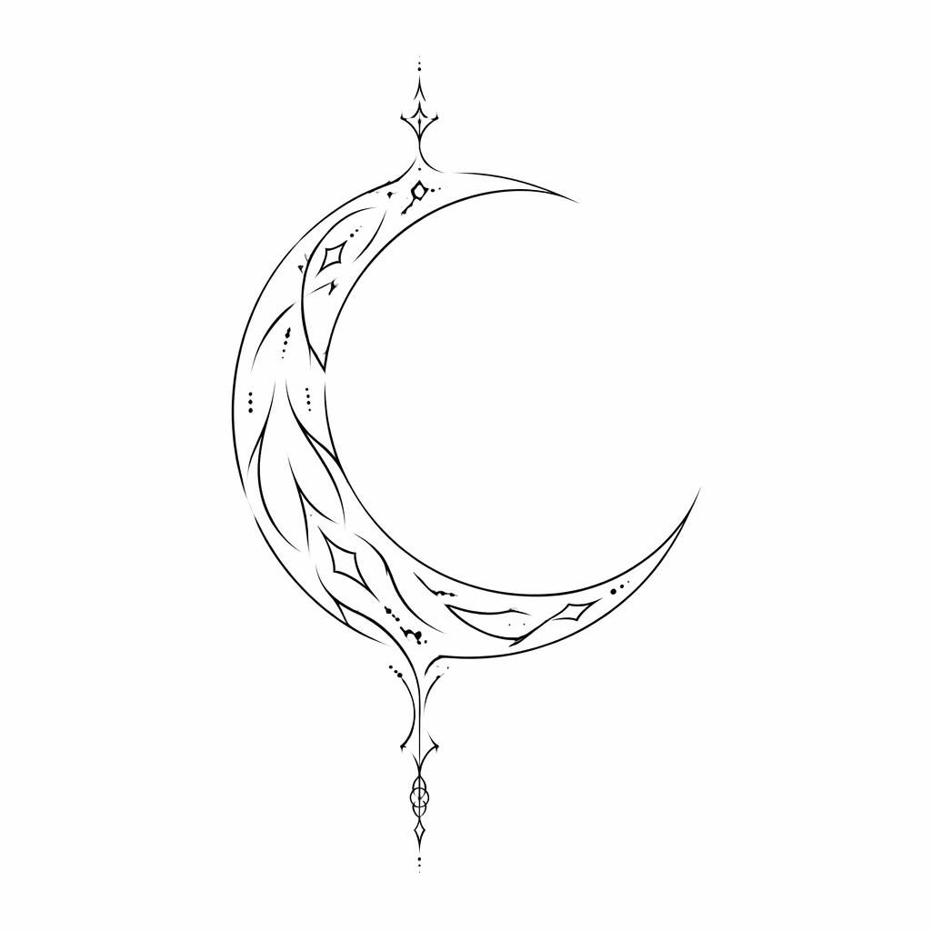 Concept de tatouage sur papier blanc, croissant de lune tribal minimaliste en fineline, lignes nettes et contrastées.