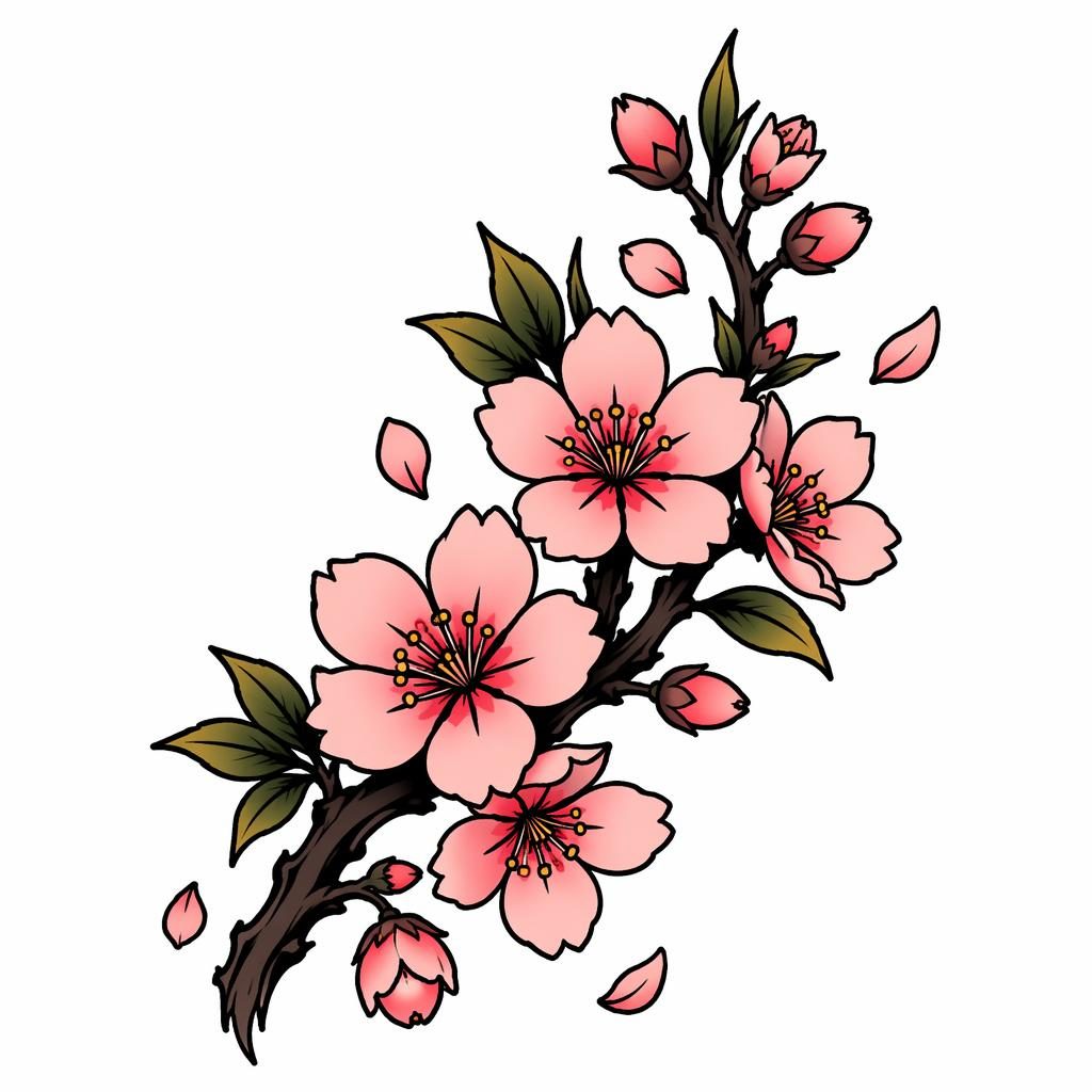 Traditional American cherry blossom tattoo design on white paper, clean flash-style linework on plain white background.
