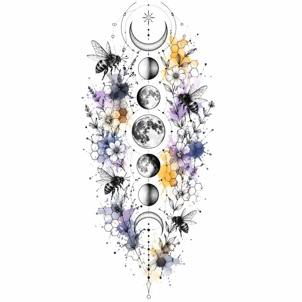 Tattoo-Design auf weißem Papier mit Dotwork-Mondphasen am Unterarm, Aquarell-Splash und klaren Flash-Sheet-Linien.
