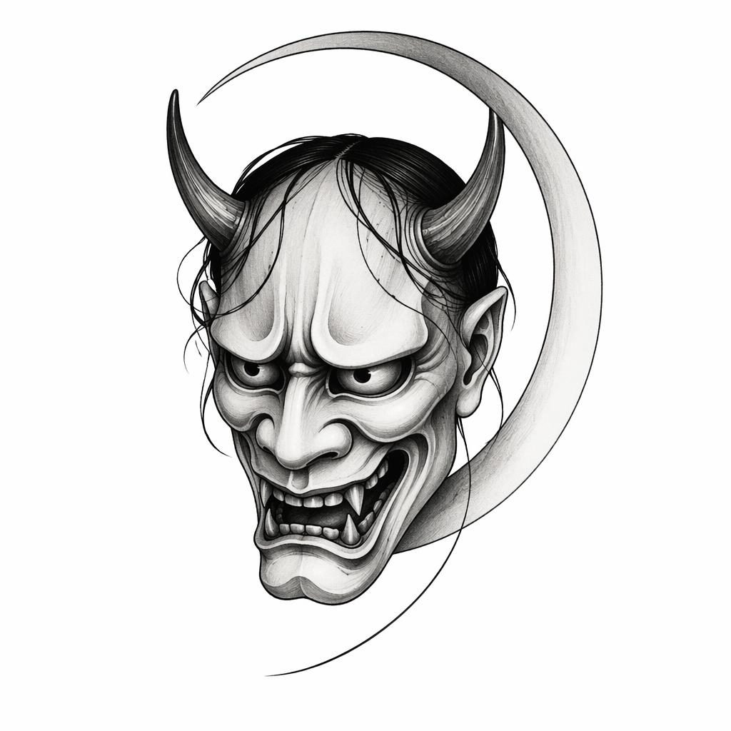 High-contrast tattoo flash of a Japanese hannya mask on white paper with sharp lines and clean minimalist styling.