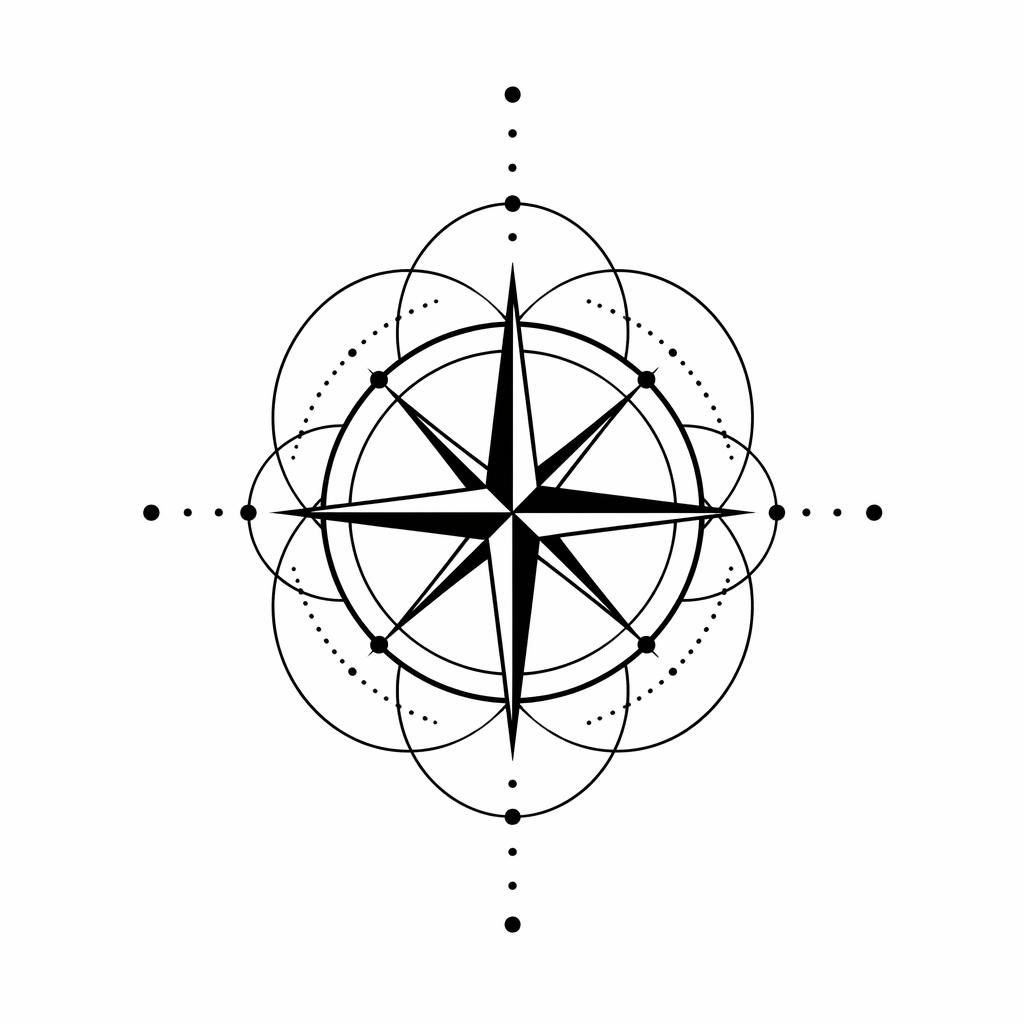 Blackwork sacred geometry compass tattoo design on white paper, clean flash-sheet style with bold sharp lines.