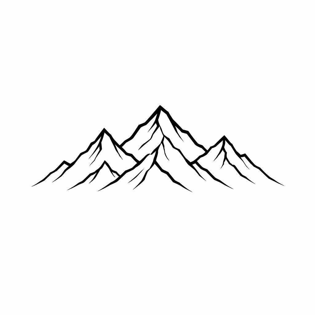 Blackwork mountain range linework tattoo design on white paper, small clean flash-style illustration with sharp bold lines.