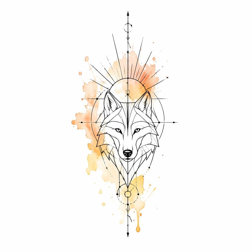 Minimalist fineline sun rays tattoo design on white paper with watercolor splash accents, clean flash-sheet illustration.