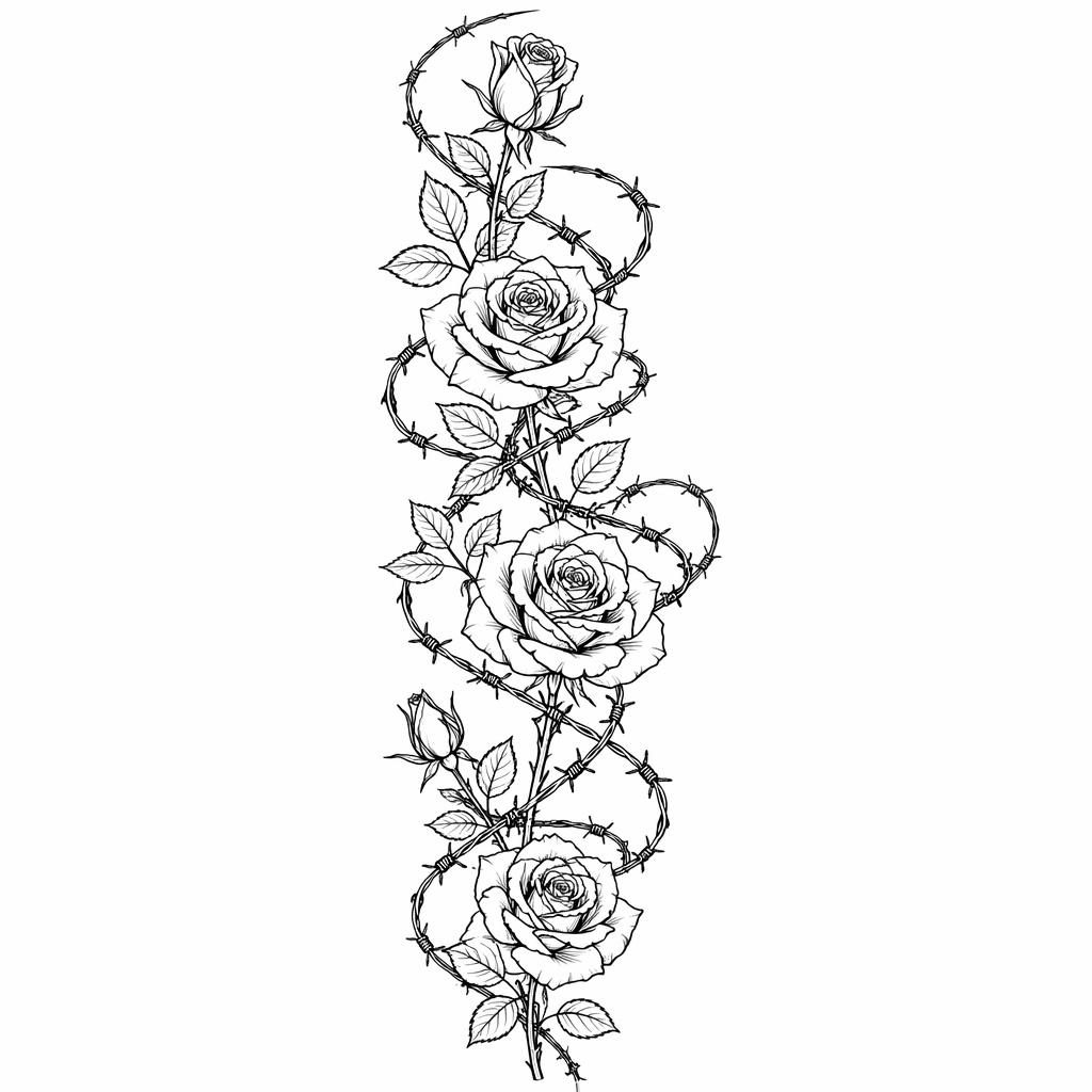 Minimalistische Fineline-Rose als Tattoo-Design auf weißem Papier, schwarze klare Linien, Flash-Sheet-Stil.