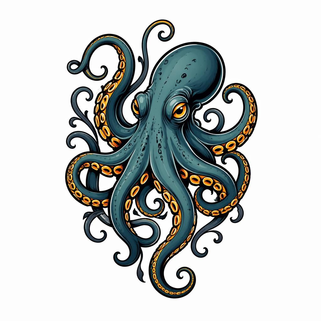 Neo-traditionelles Oktopus-Tattoo-Design auf weißem Papier, klare schwarze Linien, Flash-Sheet-Stil, ohne Text