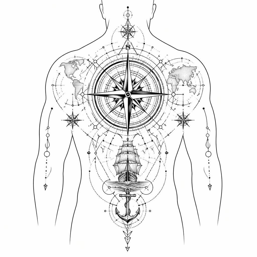 Diseño de tatuaje de brújula náutica geométrica en papel blanco, líneas nítidas, dotwork y alto contraste.