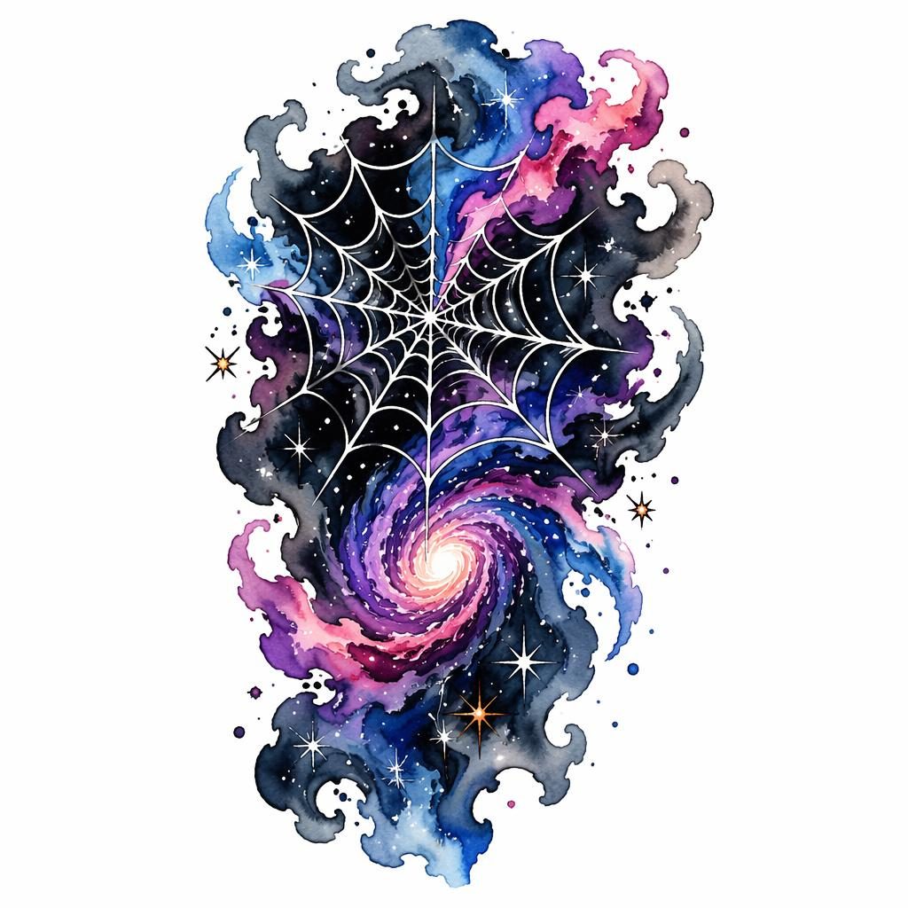 Tattoo flash design on white paper showing a watercolor abstract galaxy in Japanese irezumi style with sharp black lines