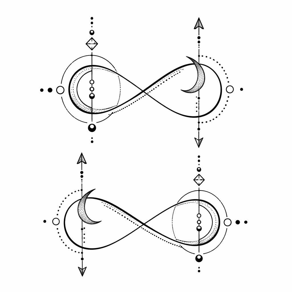 Diseño de tatuaje en papel blanco con símbolo de infinito para pareja, estilo geométrico y dotwork, líneas nítidas.