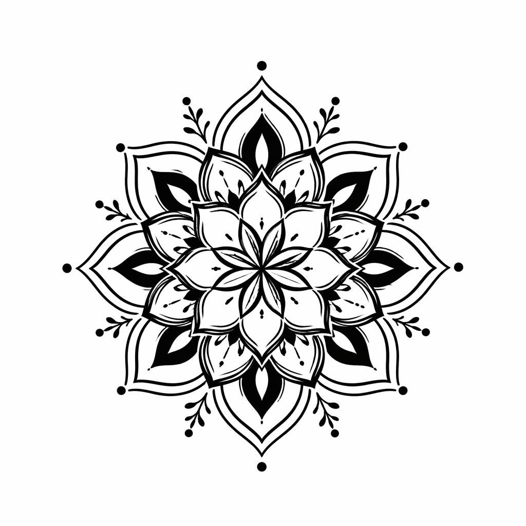 Tiny blackwork mandala tattoo design on white paper, neo-traditional flash style with sharp lines and plain background.