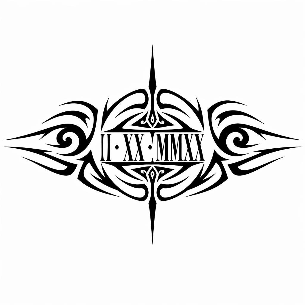 Tribal Tattoo-Entwurf mit Römerzahlen-Datum auf weißem Papier, klare schwarze Linien, Flash-Sheet-Stil, ohne Schattierung